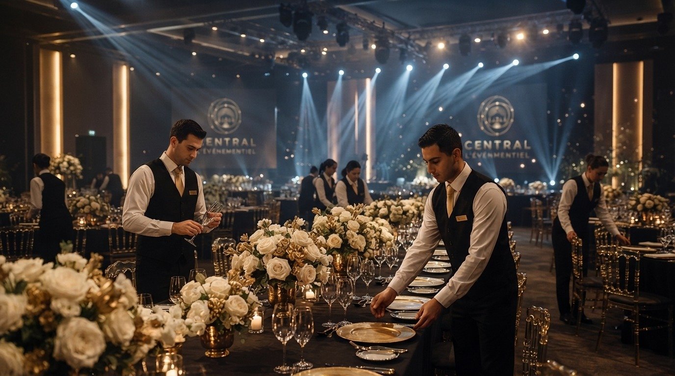 Équipe Central L'Événementiel dressant les tables d'un gala