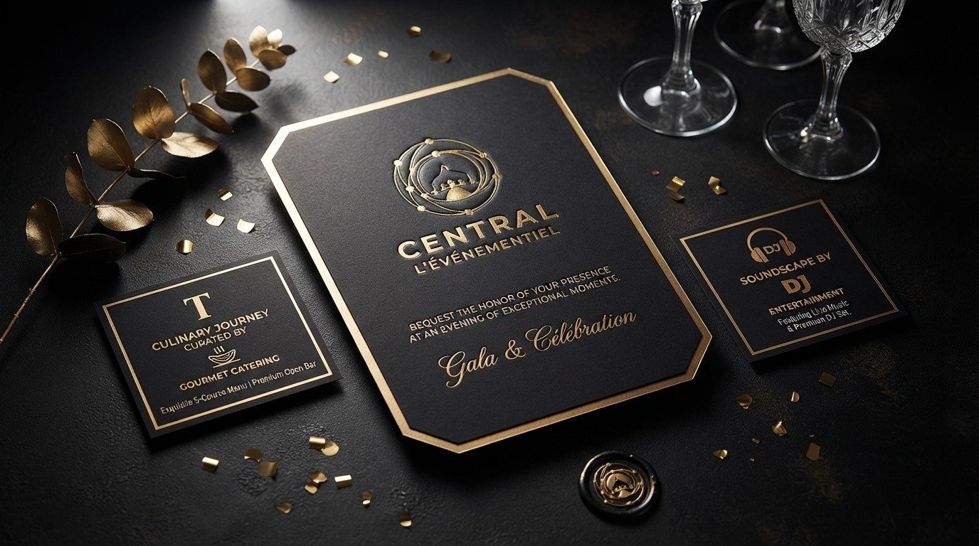 Suite d'invitations Central L'Événementiel dorées